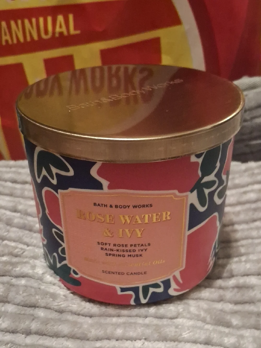 Bath & Body Works Rose Water & Ivy Candle - Pink, Navy & Gold - Picture 1 of 3
